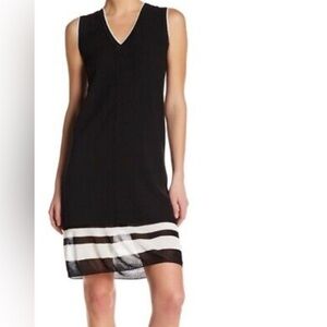VINCE. Sleeveless Double Layer V-Neck Dress BLack/White Ribbed Hemline #N681